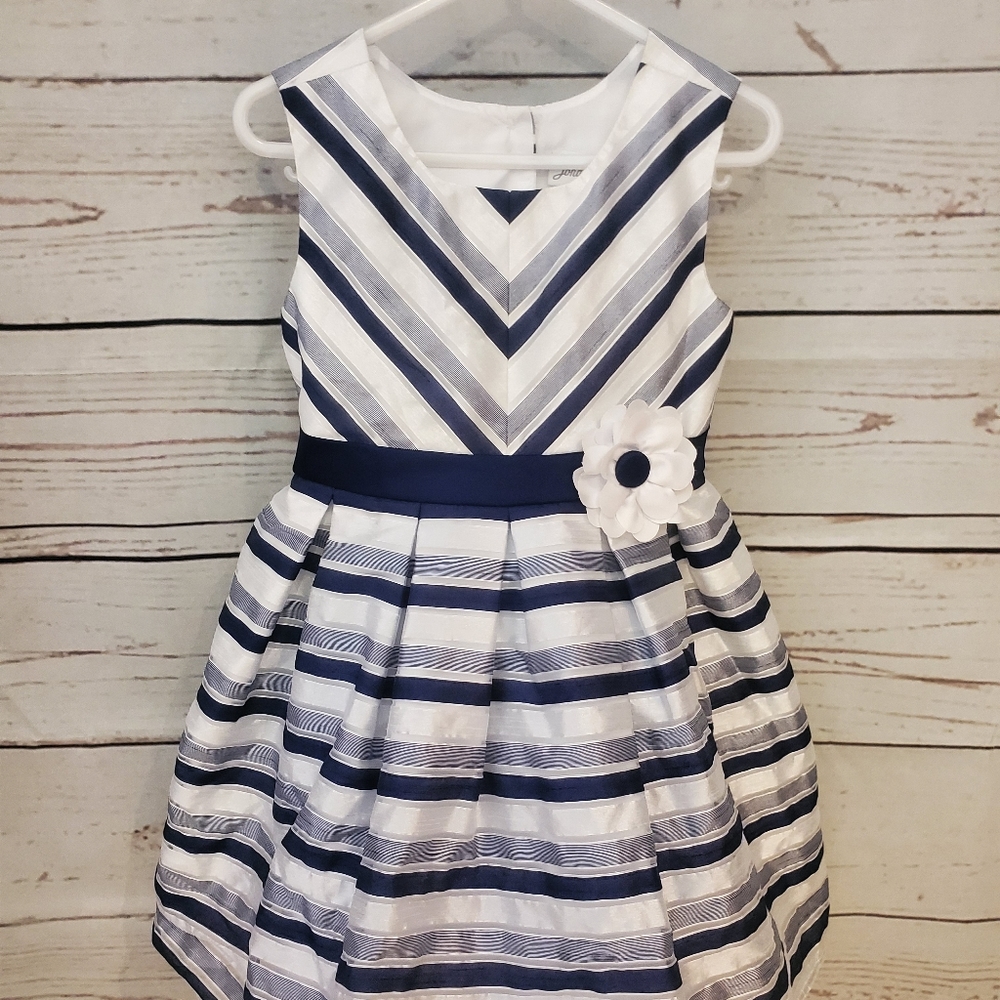 Chevron Navy, White, Silver Holiday Girls Dress